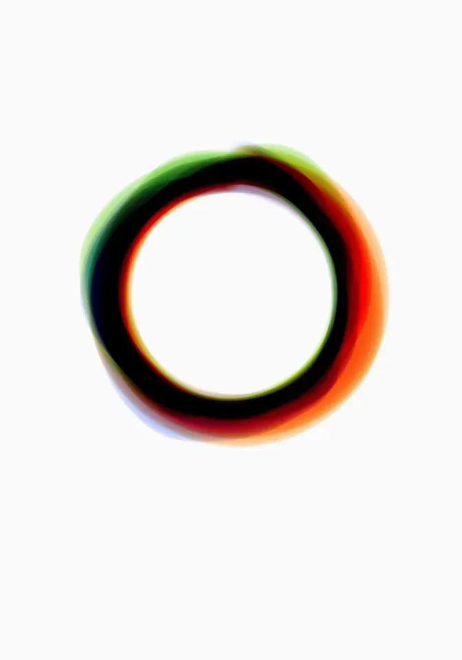 A small inkjet print: black ring on white, green on one flank and red on the other