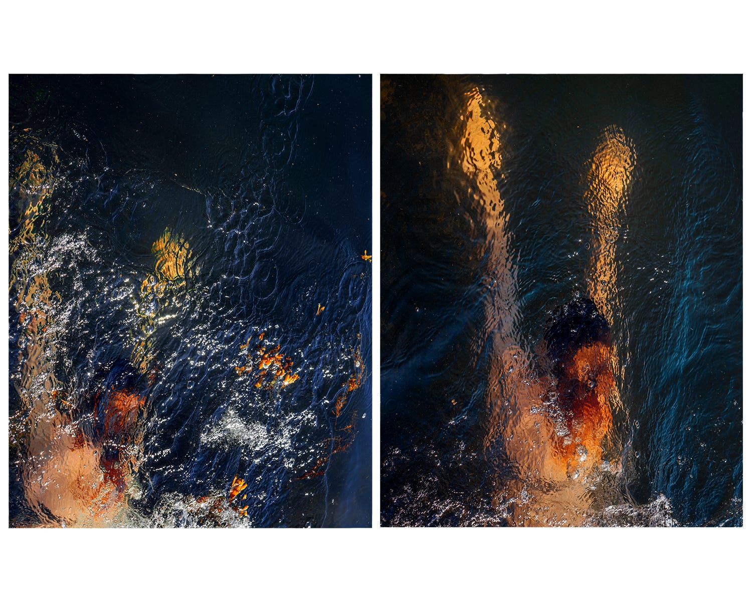 Diptych: two swimmers seen from directly above in near-black water, their bodies broken into orange reflected light